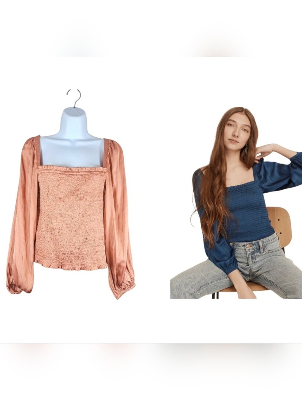 J Crew peach square neck smocked blouse top Womens Large